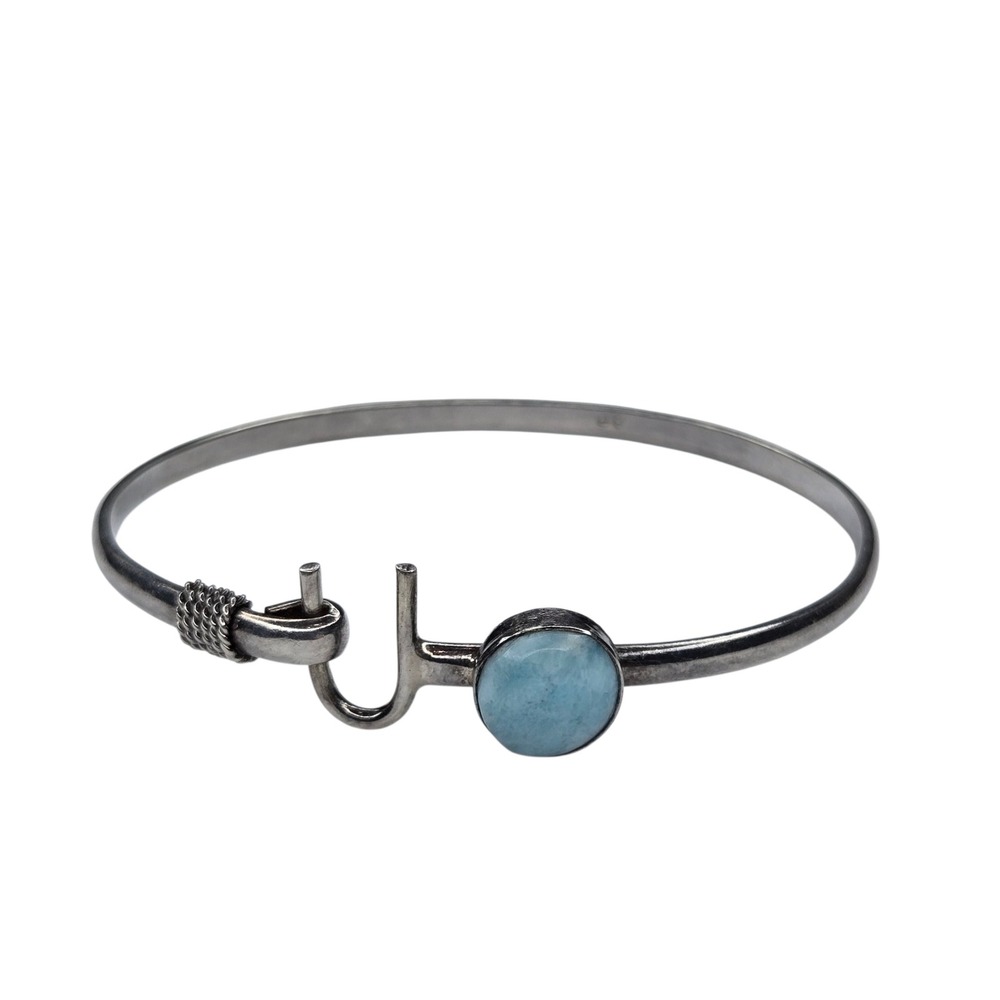 Vintage Bangle 925 Sterling Silver 6.5in Larimar Hook Eye Coastal Bracelet